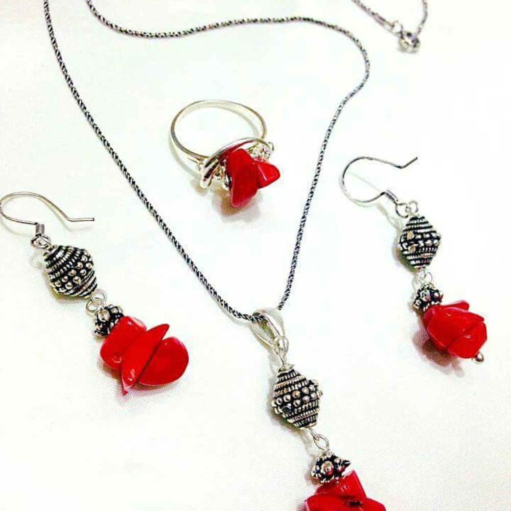 Genuine natural coral and silver jewelry set